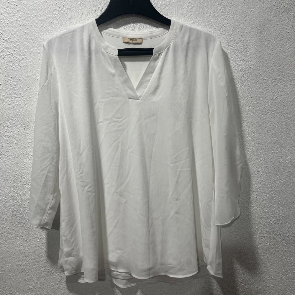 Timeson~ Sheer V Neck White Blouse~Long‎ Sleeved With Roll Up Option~Sz XL